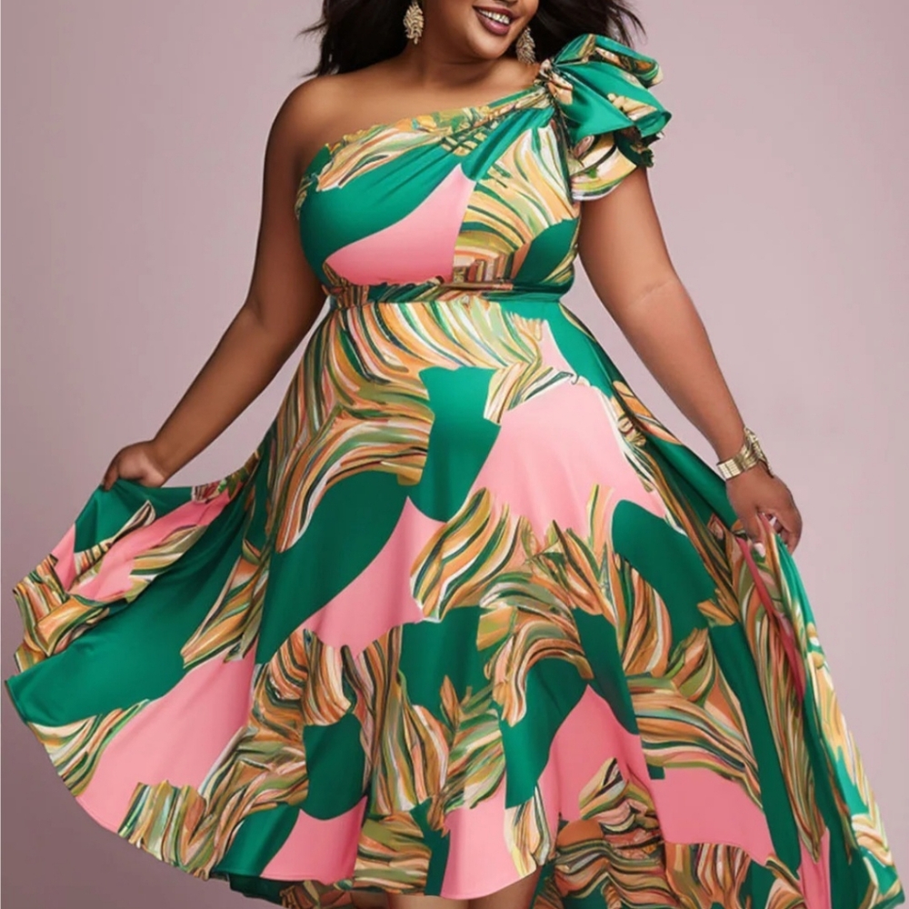 PLUS size Olique Collar Midi Dress